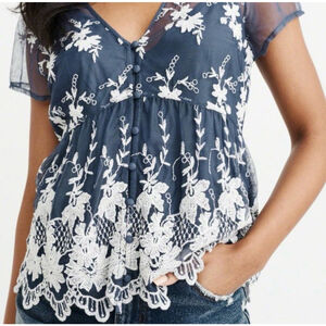 Abercrombie & Fitch Blue Floral Embroidered Mesh Top with attached Cami M y2k